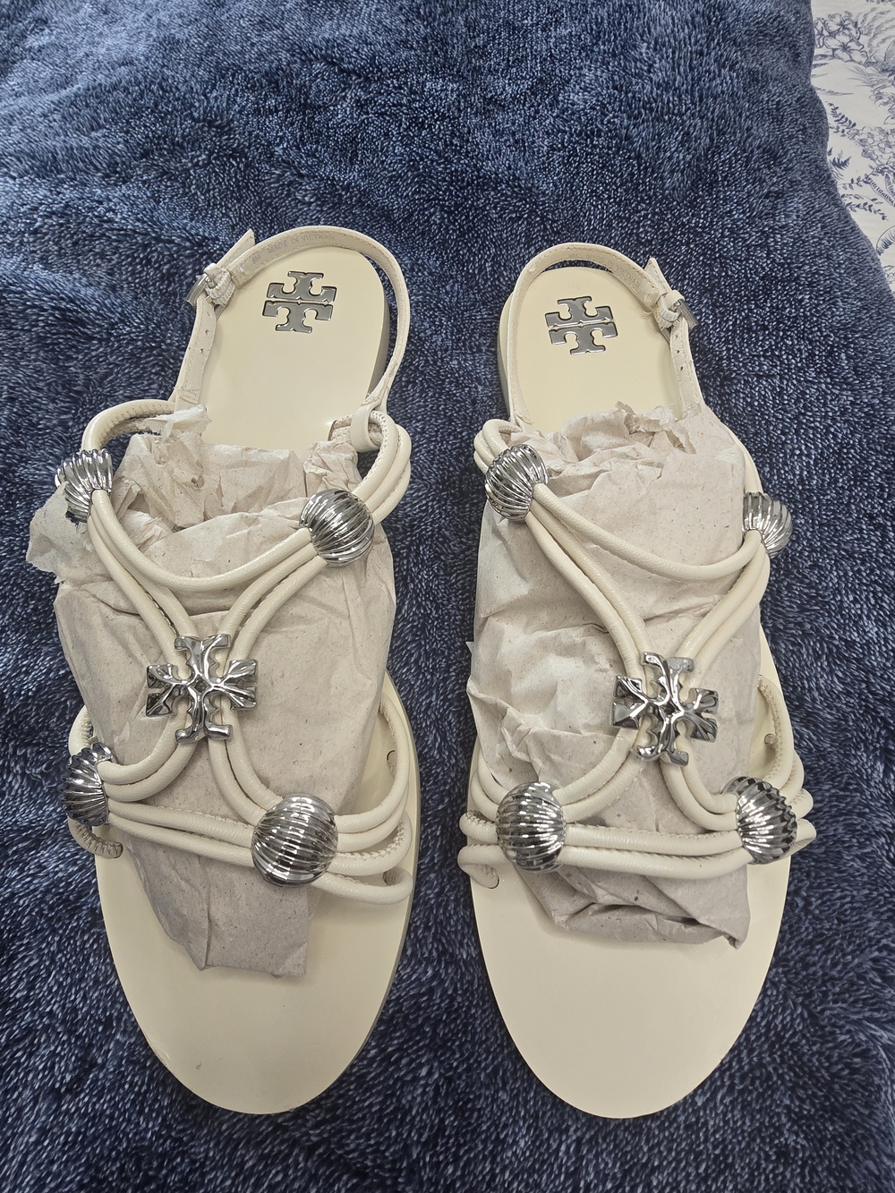 Tory Burch Cream Braided Strap Slingback Sandals with Silver Accents